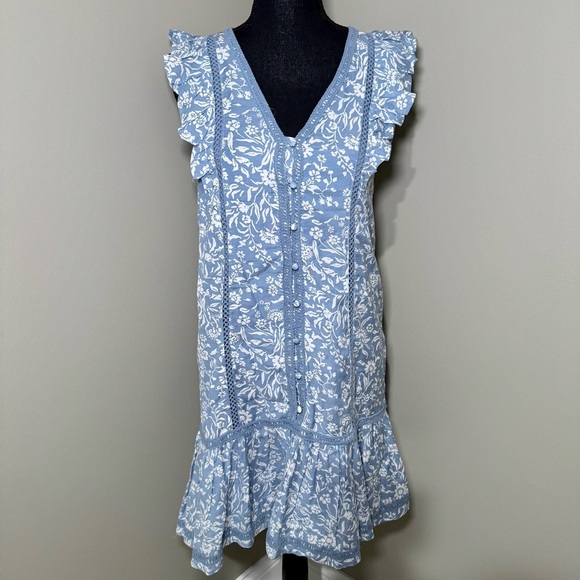 Lucky Brand Lace Trim Ruffle Shoulder Flounce Floral Mini Dress blue size XS‎ - Picture 6 of 6
